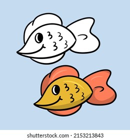 A set of color and sketch pictures. Small yellow aquarium fish, vector cartoon illustration on a light blue background