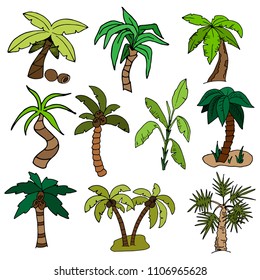 Set of color sketches palm trees, coconuts, hand drawing, white background, vector illustration