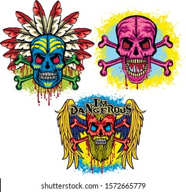 set color skull, grunge vintage design t shirts