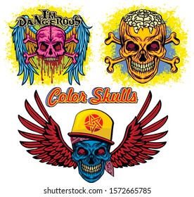 set color skull, grunge vintage design t shirts