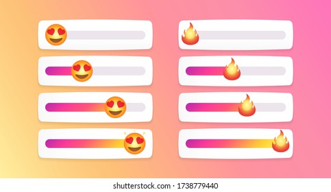 A set of color sliders with emoticons and flames on them, isolated on a color gradient. The layout of a web slider, emoticons, smile. The layout of the elements of the plot. Vector illustration svg