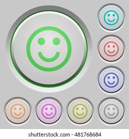 Set of color smiling emoticon sunk push buttons.