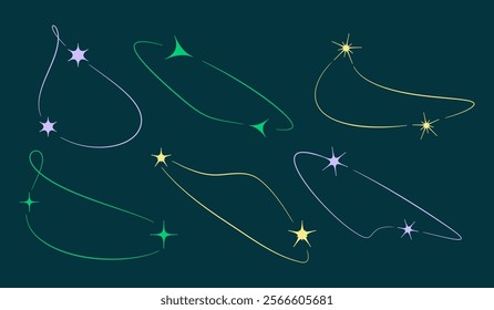Set color Sparks y2k, line. Collection of Stars and strokes on dark background. Abstract forms of Highlights, contour. Frame Glitter Magic, astrology. Space. Design element. Vector illustration