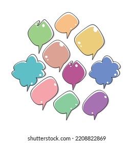 Set of color speech bubbles. Cartoon Vector illustration. Isolated on transparent white background. Hand draw style, dialog clouds.