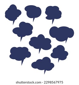 Set of color speech bubbles. Cartoon Vector illustration. Isolated on transparent white background. Hand draw style, dialog clouds.