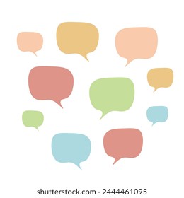 Set of color speech bubbles. Cartoon Vector illustration. Isolated on transparent white background. Hand draw style, dialog clouds. 