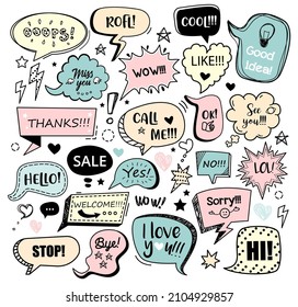 Set of color speech bubbles with different words in doodle style for communication in social media. Isolated vector illustration.