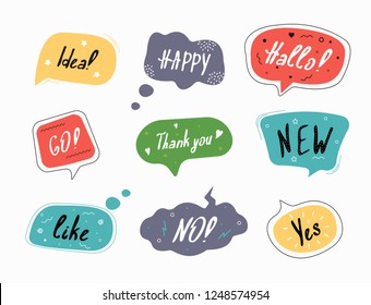 Set of color speech bubbles in drawn style.  Dialog windows with phrases: Idea, Happy, Hallo, Go, Thank you, New, Like, No, Yes