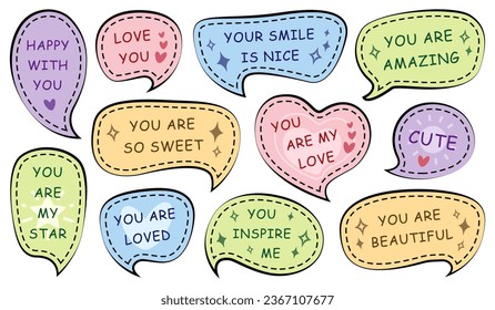 Set of color speech bubbles with motivational compliment phrases isolated on white background. Cute stickers collection with self love quotes. Vector illustration