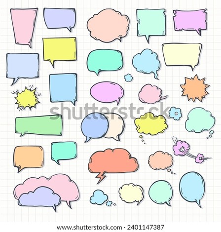 Set of color speech bubbles on notepad sheet paper with shadow. Doodle or cartoon, sketch drawing call-outs set, communication design elements