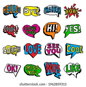 Set of color Speech Bubbles, pixel art design vector illustration