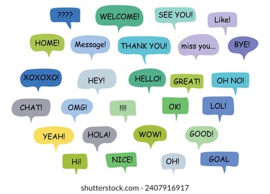 Set of color speech bubbles Short Phrases. Cartoon Vector illustration. Isolated on transparent white background. Hand draw style, dialog clouds.
