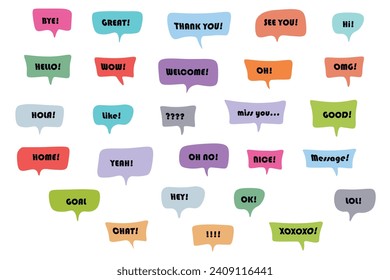 Set of color speech bubbles Short Phrases. Cartoon Vector illustration. Isolated on transparent white background. Hand draw style, dialog clouds.