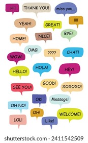 Set of color speech bubbles Short Phrases. Cartoon Vector illustration. Isolated on transparent white background. Hand draw style, dialog clouds.