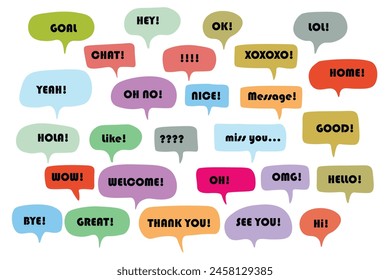 Set of color speech bubbles Short Phrases. Cartoon Vector illustration. Isolated on transparent white background. Hand draw style, dialog clouds.
