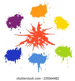 Set of color splashes. Collection of paint splash. Vector set of brush strokes. Color ink.  Vector set of colored blots on the white background.