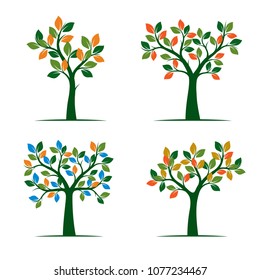 Set of color Spring Tree. Vector Illustration. Plants in garden.
