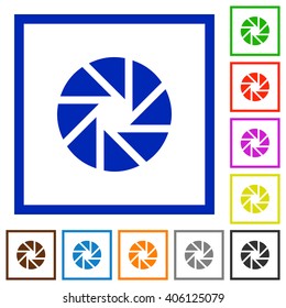 Set of color square framed aperture flat icons on white background