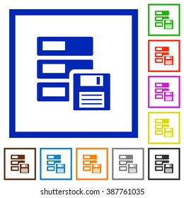 Set of color square framed backup icons on white background