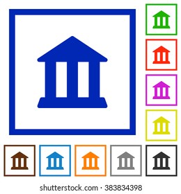 Set of color square framed bank flat icons on white background