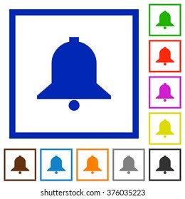 Set of color square framed bell flat icons on white background