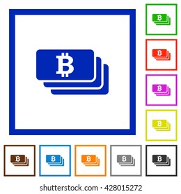 Set of color square framed bitcoin banknotes flat icons