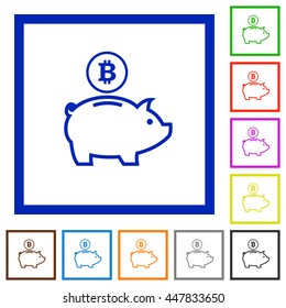 Set of color square framed Bitcoin piggy bank flat icons