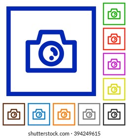 Set of color square framed camera flat icons on white background