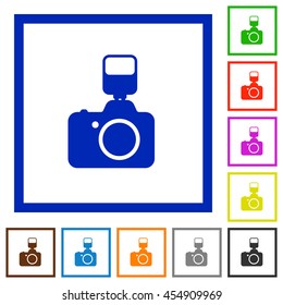 Set of color square framed Camera with flash flat icons