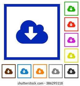 Set of color square framed Cloud download flat icons on white background