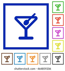 Set of color square framed cocktail flat icons