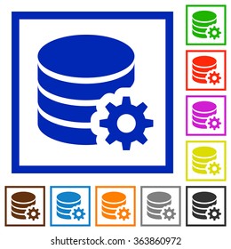 Set of color square framed Database configuration flat icons on white background
