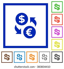 Set of color square framed dollar euro exchange flat icons on white background