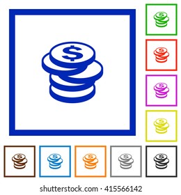 Set of color square framed dollar coins flat icons on white background