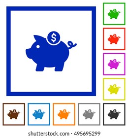 Set of color square framed Dollar piggy bank flat icons