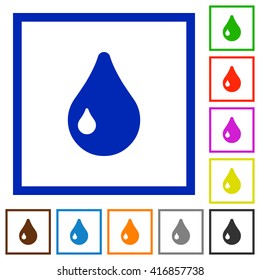 Set of color square framed drop flat icons on white background