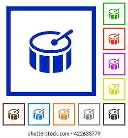 Set of color square framed drum flat icons on white background