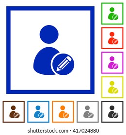 Set of color square framed Edit user profile flat icons on white background