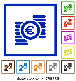 Set of color square framed euro coins flat icons