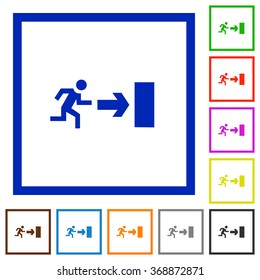 Set of color square framed exit flat icons on white background