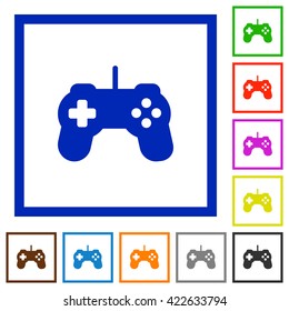 Set of color square framed Game controller flat icons on white background