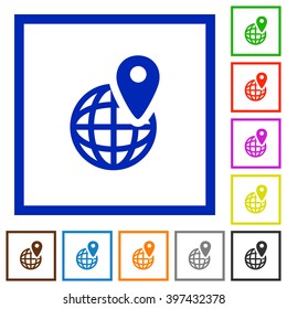 Set of color square framed GPS location flat icons on white background