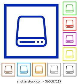 Set of color square framed Hard disk flat icons on white background