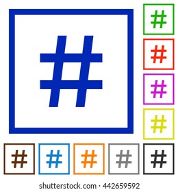 Set of color square framed hashtag flat icons