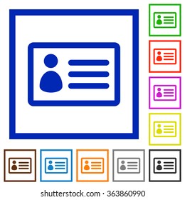 Set of color square framed ID card flat icons on white background