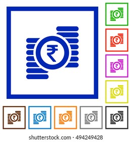 Set of color square framed indian Rupee coins flat icons