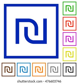 Set of color square framed Israeli new Shekel sign flat icons