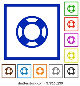 Set of color square framed lifesaver flat icons on white background