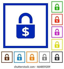 Set of color square framed Locked dollars flat icons