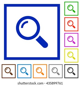Set of color square framed Magnifier flat icons